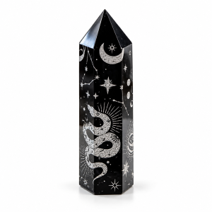 Obsidian Black Star Moon Engraved Symbols Wand (Silver) 60mm
